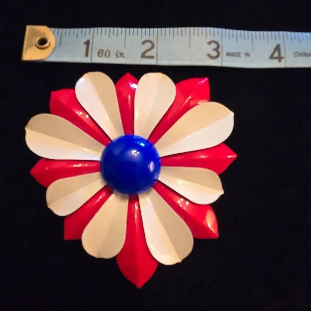 Vintage Enamel Flower Brooch Pin Red White Blue